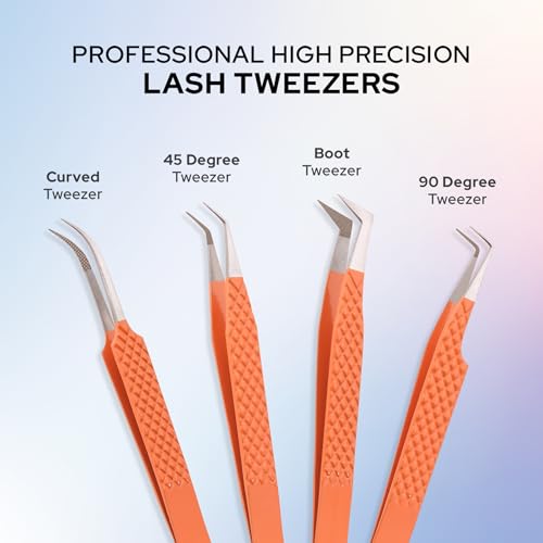 M LASH Tweezers for Eyelash Extensions (Set of 4) - Professional Lash Extension Tweezers - Fiber Tip, Japanese Steel, Diamond Grip Eyelash Extension Tweezer set (WL)