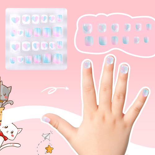 Kawyehu Kids Press on Nails 72Pcs French Donut Heart Short Full Cover False Nails