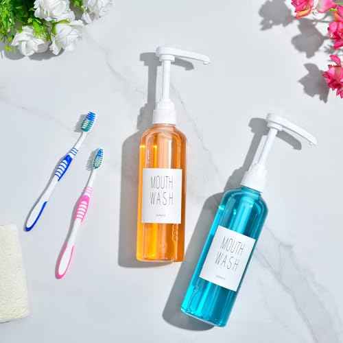 VITVITI Plastic Mouthwash Dispenser for Bathroom, 17 OZ Pump Mouth Wash Container Bottle with Cup, Clear Refillable Mouthwash Dispenser with Labels