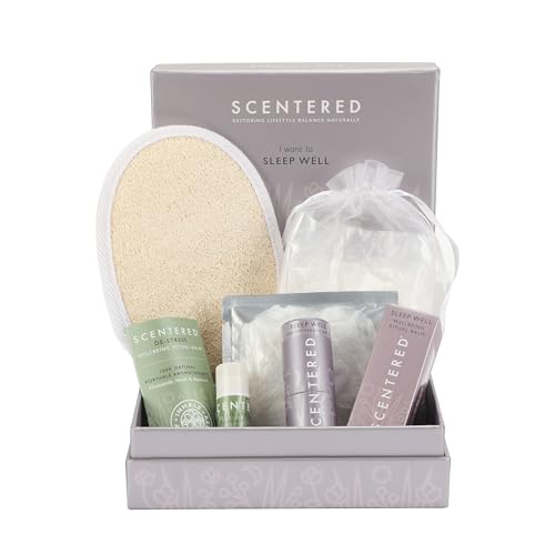 Scentered Prepare for a Great Night's Sleep Bath Set - Bath Salts, Aromatherapy Balms, Body Loofah, Hair Tie & Shower Cap - Relaxing Bath Set for Restful Sleep - Mother's Day Gift Ideas