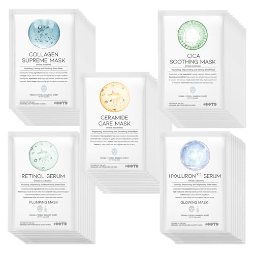 50Combo Korean Face Sheet Mask Gift Pack, Hydrating, Calming, Brightening, Smooting, Rejuvenating, EVE Vegan, Cica, Hyaluron, Retinol, Ceramide, Collagen