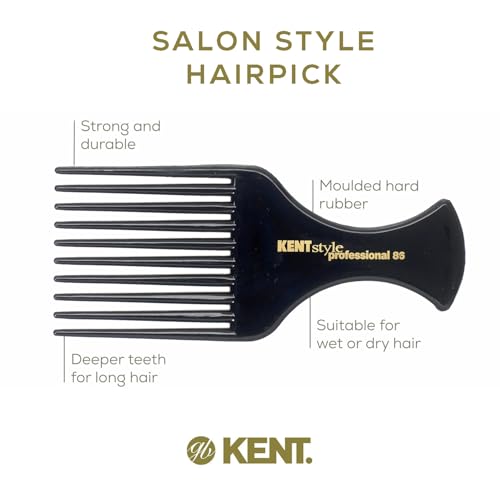Kent SPC86 Black Salon-Style Professional Pick and Barber Comb - Afro Parting Comb for the Care of Curly and Thick Hair - Sleek style comb,Anti-Fatigue with a Rubberized Professional Finish