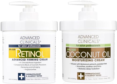 Advanced Clinicals Retinol Body Lotion + Coconut Oil Cream 2pc Set | Moisturizer Face Lotion & Body Cream | Crepey Skin Care Treatment | Coconut Body Lotion + Retinol Cream Targets Crepe Skin, 2pc