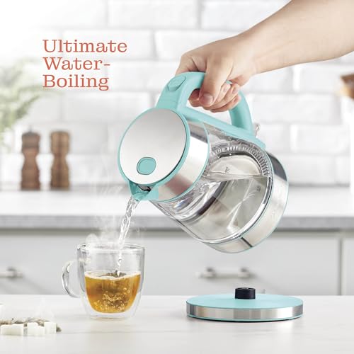 Speed-Boil Water Electric Kettle, 1.7L 1500W, Coffee & Tea Kettle Borosilicate Glass, Water Boiler, Auto Shut-Off, Cool Touch Handle, Base Detachable, LED. 360° Rotation, Boil Dry Protection (Aqua)