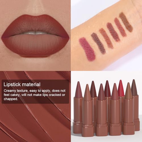 evpct 6Pcs Warm Red Brown Nude Maroon Dark Wine Gradient Matte Lipstick Lip Liner Crayon Combo Pencil Set for Women, Longwear Cream Lipliner and Lipstick Combo Makeup, Flawless Lip Bar Ombre Effect