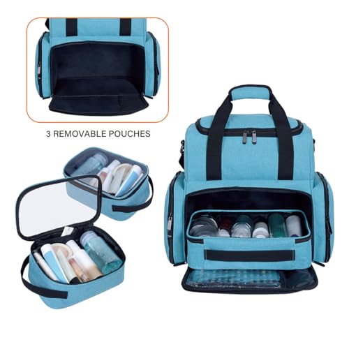 Large Makeup Cosmetic Bag with 3 Removable Case and 2 Removable Dividers Double Layer Travel Storage Organizer, Makeup Brushes Storage Section Lake Green