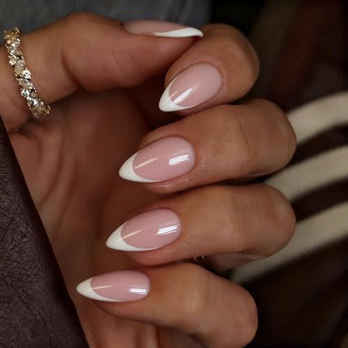 SXVME Almond White French Tip Press On Nails Short Classic Manicure Kit with Glue