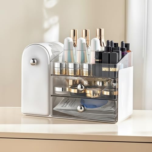 Bird&Fish Makeup Organizer with Sliding Brush Holder, Clear Skincare Organizer with Drawers, Bathroom Countertop Organizer, Sturdy Cosmetic Storage Case for Vanity, Dresser (White)