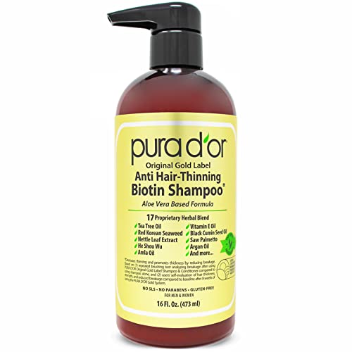 PURA D'OR Anti-Thinning Biotin Shampoo, Clinically Tested DHT Blocker for Thickening Color Treated Hair, Herbal Scent, 16oz