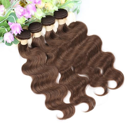 ALLRUN Brown Body Wave Human Hair Bundles 12-18 Inch, 4 Bundles with Closure, Brazilian Virgin Hair, Color 4# (Variation: 16 Inch)