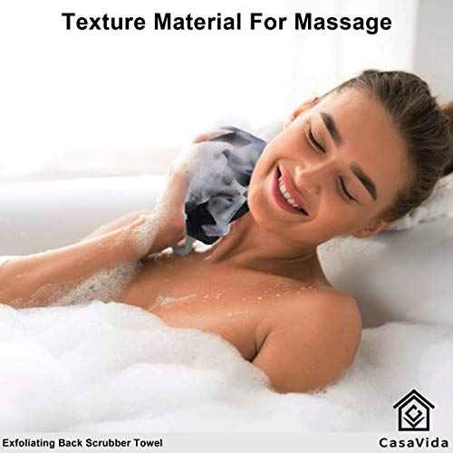 CASAVIDA Back Scrubber for Shower Nylon Bath Towel Washer Exfoliating Washcloth Rear Japanese Stretchable Strap Wash Cloth Body Exfoliation 2 Pack (Blue + Charcoal Gray)