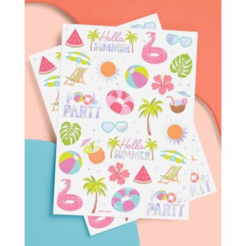xo, Fetti Pool Party Temporary Tattoos - 68 Iridescent Foil Pcs | Summer Birthday Accessory, Kids Waterpark Party Favor, Cute Beach Activity