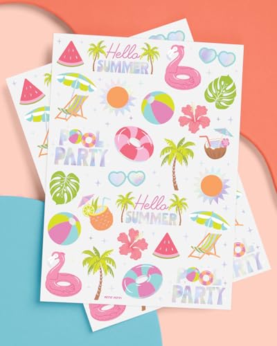 Pool Party Temporary Tattoos - 68 Iridescent Foil Designs
