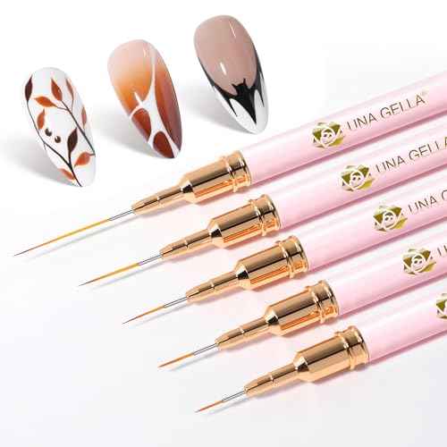UNA GELLA Nail Art Brushes Metallic, 5 Count Liner Pens Set For Nail Art Gel Polish, Detail Nail Art Design Painting Brush Set For Nails Gel Fine Drawing Nail Tools, Sizes 7/9/11/15/25mm
