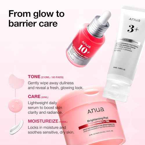 ANUA BRIGHTENING Niacinamide Skincare Routine Set (Amazon Exclusive Set), Niacinamide Serum & Toner Pad & Face Moisturizer, Skin clarity, Moisture barrier for Daily care, Korean Skincare Set