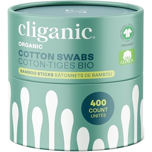 Cliganic Organic Bamboo Cotton Swabs, 400 Count - 100% Pure Natural Cotton, Chlorine-Free Hypoallergenic, Soft, Gentle & Absorbent Buds