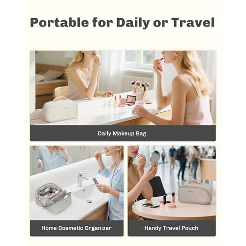 Hynes Eagle Travel Makeup Bag for Women Puffy Cosmetic Organizer Pouch Open Flat Toiletry Bag for Toiletries, Brushes Pink