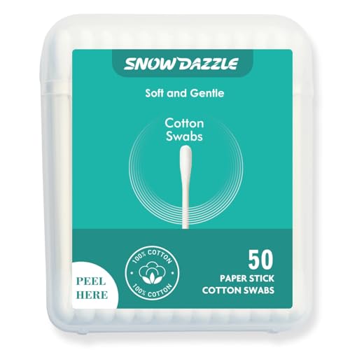 SNOWDAZZLE Pure Cotton Swabs 50 Count - Travel Size Paper Sticks