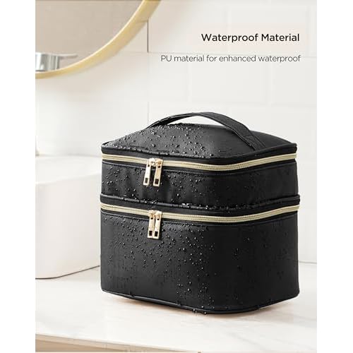 HBlife Double Layer Travel Makeup Bag Portable Cute Leather Cosmetic Bag Large Make Up Bag Makeup Case Organizer Toiletry Bag for Women Girls with Handle and Removable Divider(Black)