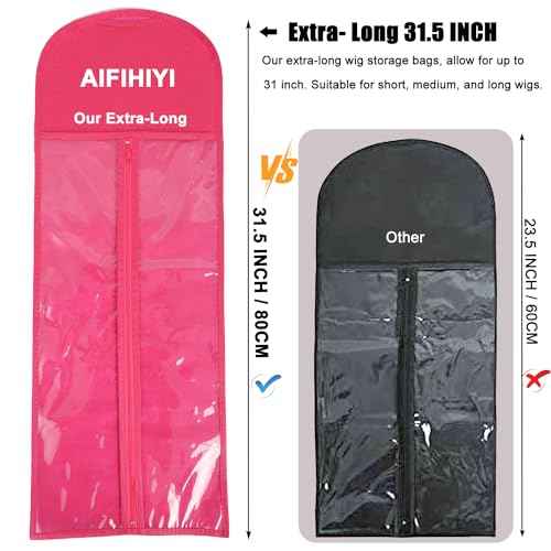 Hair Extension Holder 3Pcs Wig Storage Bags with Hanger, Wig Holder Wig Storage for Multiple Wigs, Breathable Dust-proof Extra Long Wig Bags for Hair Extensions & Accessories (Hot Pink)