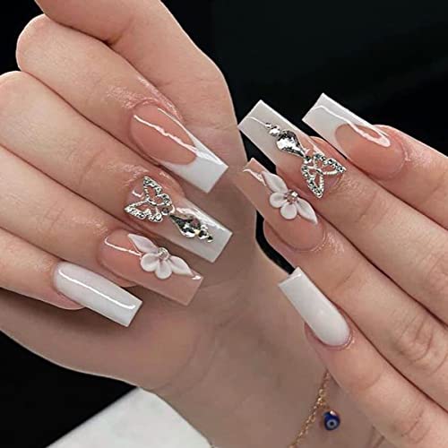 Press on Nails Medium Length Square Flower Fake Nails Nude White False Nails with Butterfly Charm Designs French Tip Acrylic Nails Reusable Square Artificial Nails for Women DIY Manicure Art