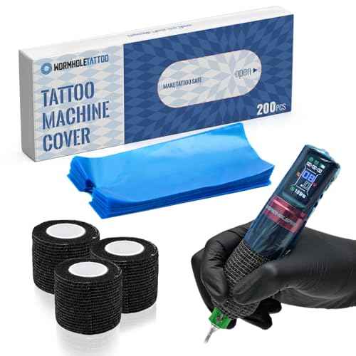Wormhole Tattoo 200Pcs Plastic Tattoo Machine Covers, 3Pcs Tattoo Grip Tape, Disposable Tattoo Pen Covers for Tattoo Beginners 65 * 180mm - Blue