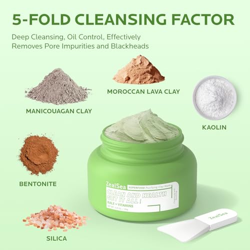 ZealSea Superfood Clay Face Mask: Deep Cleansing Mask for Controlling Oil & Blackhead Removal Pore Cleansing Antioxidant Anti-Aging Hydrating Facial Mask Vegan Skincare 5.29 Oz