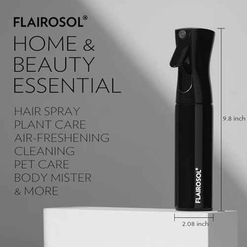 FLAIROSOL Spray Bottle for Hair, Continuous Spray Bottle with 0.3MM Ultra Fine Mist, Water Mister for Hairstyling, Cleaning, Plants, Pets, 10.1oz/300ml, Black Bottle, White Print