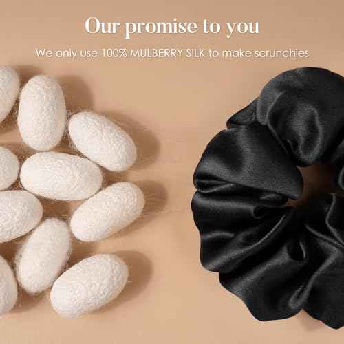 LULUSILK Silk Scrunchies for Hair Sleep, 100% Real Mulberry Silk, No Damage Hair Ties for Women and Girls, Classic Black, Pack of 3