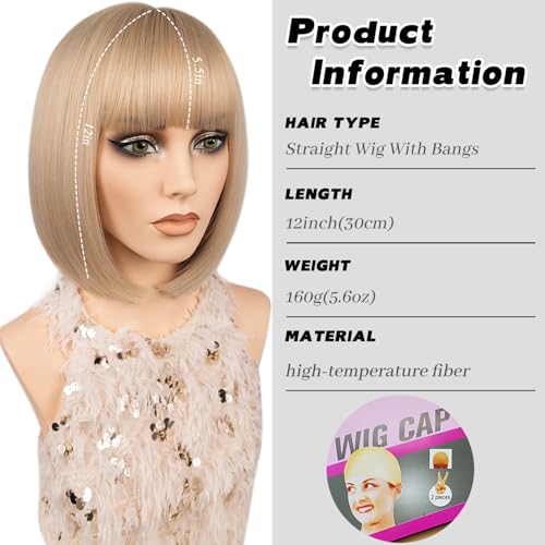 MAYSA 12-Inch Blonde Bob Wig with Bangs - Natural Look Synthetic Hair