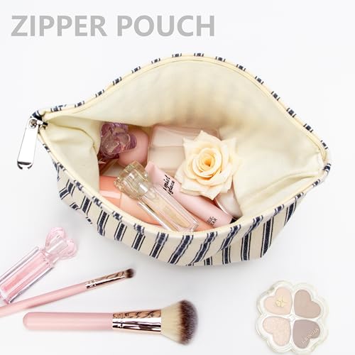Flat Makeup Bag Women Canvas Cosmetic Pouch Navy Stripe