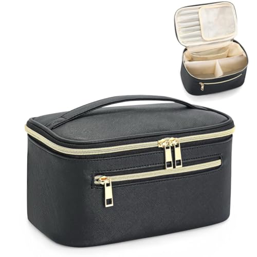 Travel Makeup Bag Organizer, Large Capacity Cosmetic Pouch for Women, Waterproof Make Up with Divider, Clamshell Makeup Case Make Up Bag with Handle and Metal Zipper, Travel Essentials Black