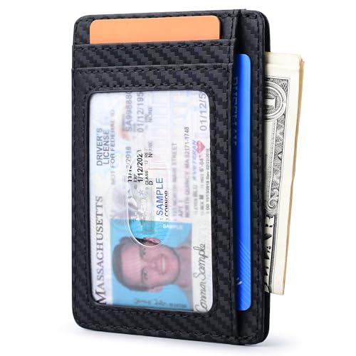 Slim RFID Blocking Leather Wallet for Men & Women - Carbon Fiber Black