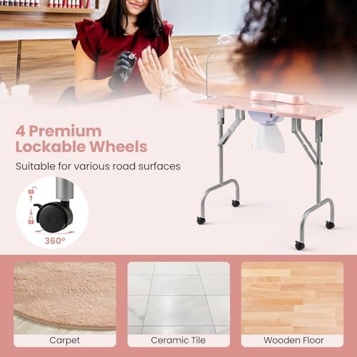 GOFLAME Folding Manicure Nail Table w/ Electric Dust Collector & LED Lamp