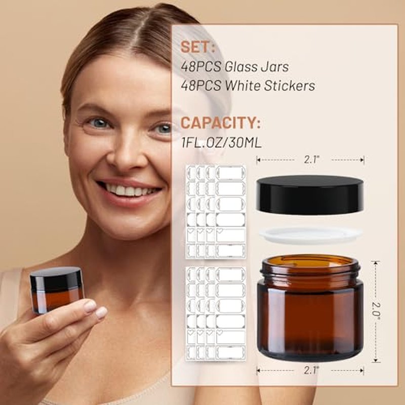 1 oz Amber Glass Jars with Lids, 48-Pack – UV Protection