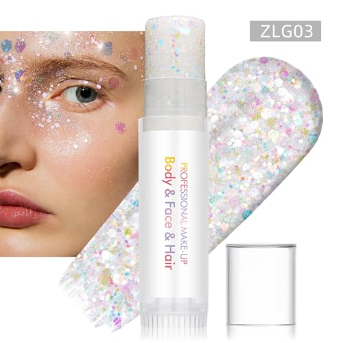3 Pcs Body Glitter Stick, Holographic Sparkly Shimmer Face Glitter Gel Makeup for Face Body Hair Eyes & Lips, Halloween Chunky Glitter Sparkling Mermaid Sequins (White, Silver, Pink)