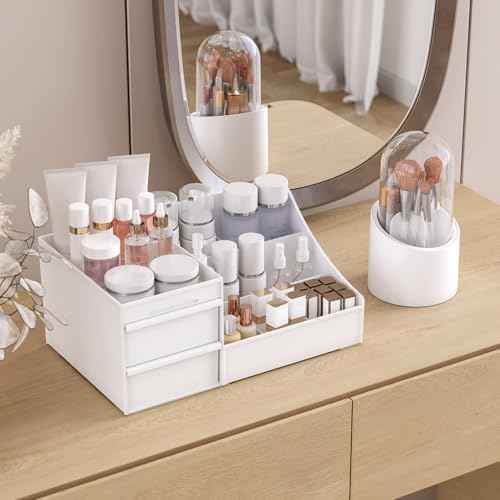 Makeup Organizer and Brush Holder Set with 3 Drawers, Space-Saving Cosmetic Storage for Vanity, Skincare, and Beauty Products - White