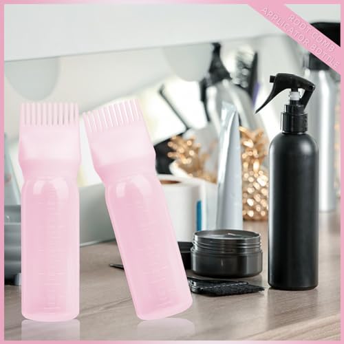 BLAAROOM Root Comb Applicator Bottle 6 Ounce, 2 Pack Hair Oil Applicator Bottle, Hair Dye Bottle Applicator Tools with Hair Oil Dispenser Root Comb Brush for Hair Oiling Applicator - Pink