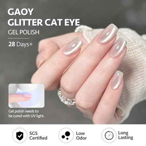 GAOY Glassy Cat Eye Gel Nail Polish, 16ml Glitter Holographic UV Gel Polish with Magnet, Reflective Translucent, 2341 Silvery Moonlight