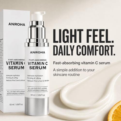 Anroha 50 mL Vitamin C Serum for Mature Skin, Fragrance-Free with Niacinamide & Hyaluronic Acid, Airless Pump