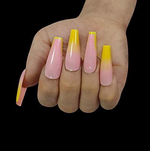 Blufly Glossy Yellow Ombre Fake Nails Long Press Nails Designed Full Cover Artificial False Nails Tips for Women and Girls 24Pcs (Pink Yellow Ombre)