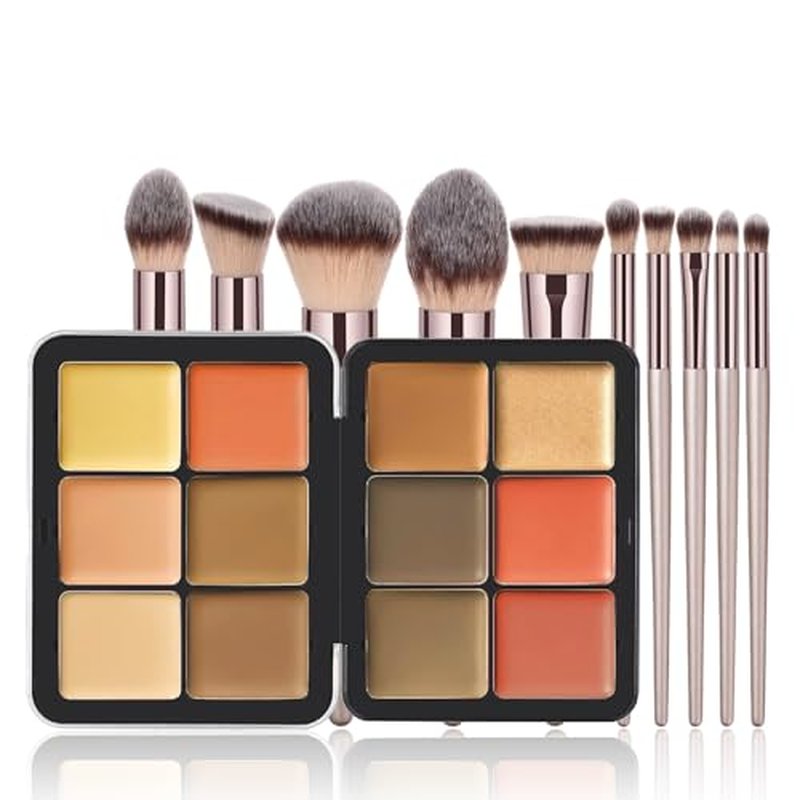 12-Color Eyeshadow Palette & 10 Champagne Gold Makeup Brushes Set