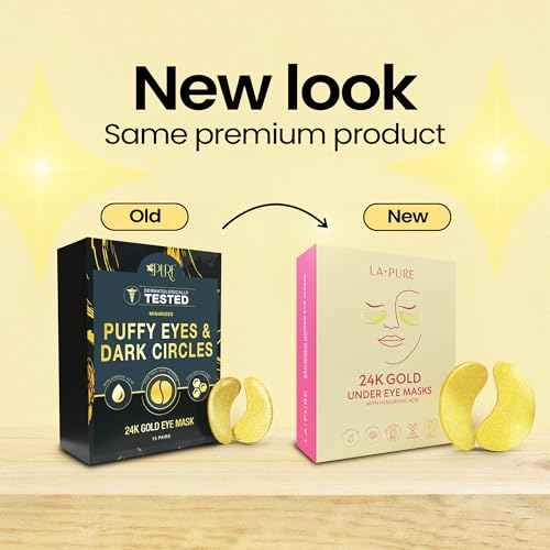 LA PURE 24k Gold Under Eye Mask for Dark Circles and Puffiness, Revitalizing & Non-Irritating Anti Aging Eye Patches with Hyaluronic Acid & Collagen - Dermatologically Tested - 15 Pairs Eye Gel Pads