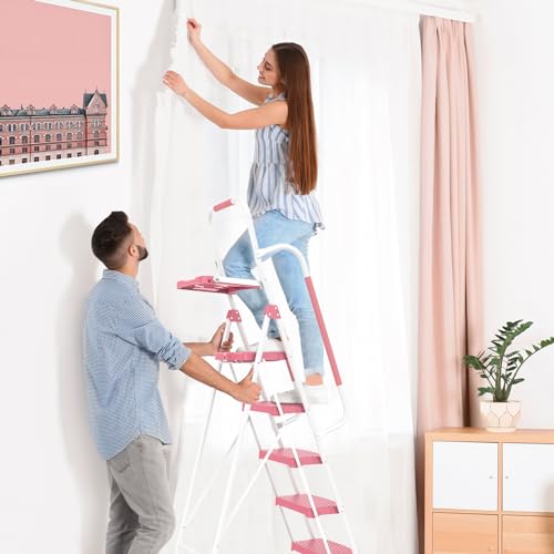 HBTower 5 Step Ladder with Handrails, Folding Step Stool with Tool Platform, 330 LBS Portable Steel Ladder for Adults for Home Kitchen Library Office, Pink