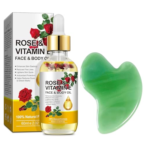 Vitamin E Face Oil,Rose Vitamin E Oil with Gua Sha Massage Tools for Face & Body,Organic Rose Oil for Moisturizing and Hydrating-2.02 fl.oz
