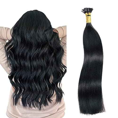 Jiameisi I Tip Hair Extensions Real Human Hair, 16inch 80g I-Tip Hair Extensions for Women Cold Fusion Extensions Itip Straight Remy Human Hair 0.8G/S #1 Dark Black