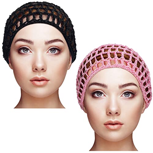 Geyoga 2 Pcs Mesh Hair Net Snood Sleep Cap - Rayon Crochet Bonnets (Black, Pink)