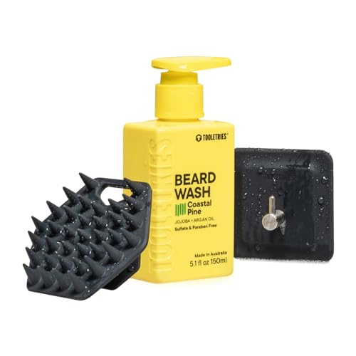 TOOLETRIES Beard Scrub Kit - Silicone Beard Scrubber & Storage Hook, Hydrating Men's Beard Wash - Bathroom & Shower Toiletries for Men, Travel Essentials