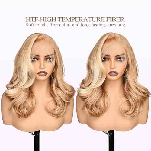 SISgrace 13¡¿6 Pre Plucked HD Lace Front Wigs Pre Layered Body Wave Natural Hairline Synthetic Glueless Wigs for Women 18 Inch Tiny Knots Lace Bob Wigs (Blonde with White Highlight)