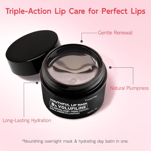 YouthVibe Lip Mask Overnight Moisturizing - Nourish & Hydrate, Antioxidants, 5% Volufiline, Vitamin E, Shea Butter, PDRN & Collagen Sleeping Lip Treatment for Dry, Chapped Lips, Pack of 2